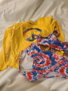 Kids Tie-Dye Red & Blue Bikini Set with Yellow Cover-Up